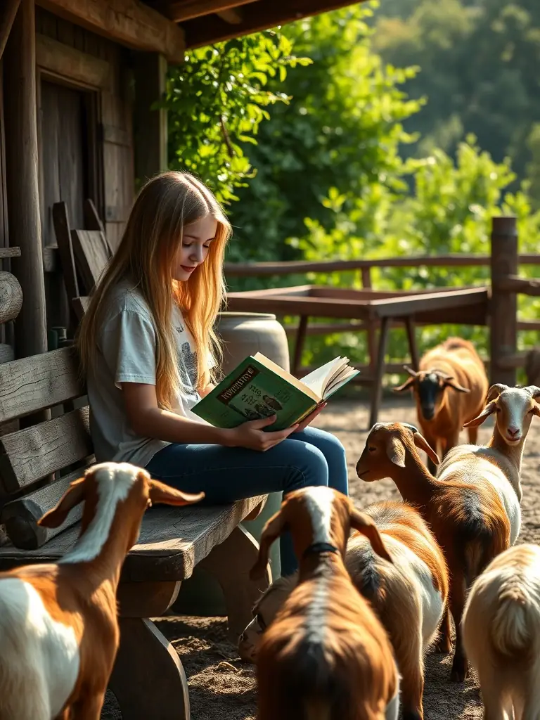 A heartwarming image of a teen reading a book to a group of goats in a cozy corner of The D Well N Place, highlighting the unique animal interactions.