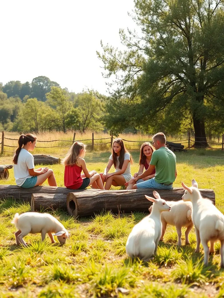 A therapist leading a group session outdoors at The D Well N Place, with animals nearby, showcasing the integrated approach.