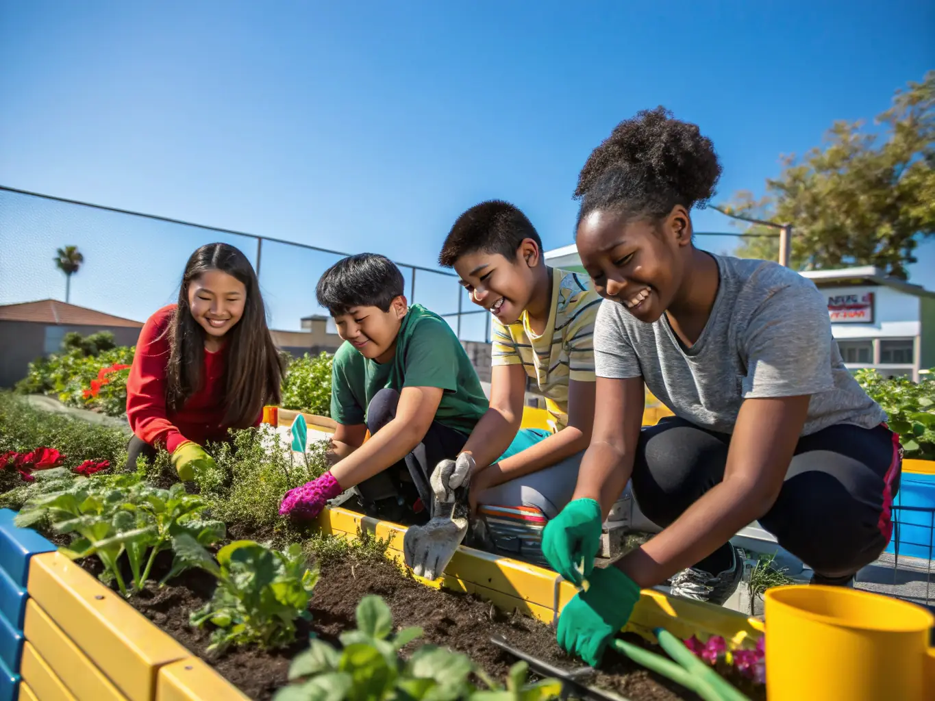 Teens working together in a vibrant garden, planting flowers and vegetables under the sun. The garden is full of colorful plants and vegetables, symbolizing growth and nurturing.