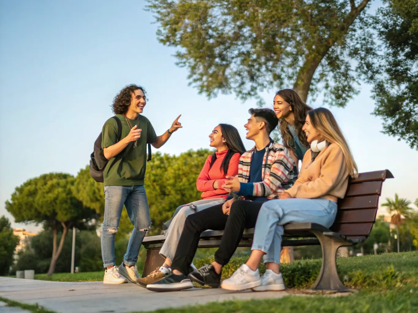 A therapist conducting a group session outdoors with adolescents in a tranquil setting. The group is engaged in a discussion, surrounded by trees and greenery, promoting a sense of peace and openness.