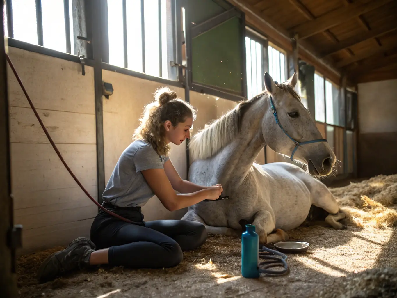 A young participant grooming a calm horse in a lush outdoor setting, with a therapist guiding the activity. The scene is bathed in soft, natural light, emphasizing the therapeutic connection between the child and the horse.
