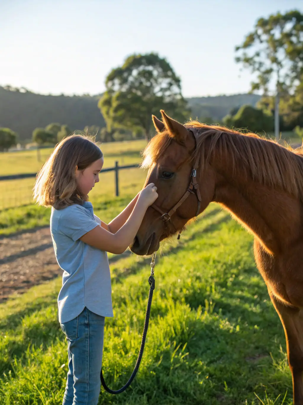 A serene image of a teen gently brushing a horse in a sunlit pasture at The D Well N Place, showcasing the calming effect of equine interaction.