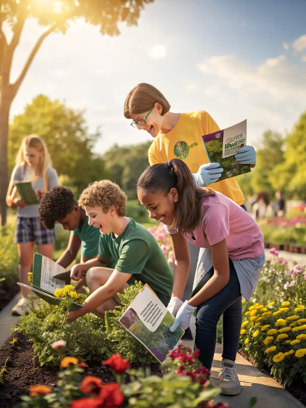 A vibrant image of teens planting flowers and vegetables in the garden at The D Well N Place, illustrating the therapeutic benefits of gardening.